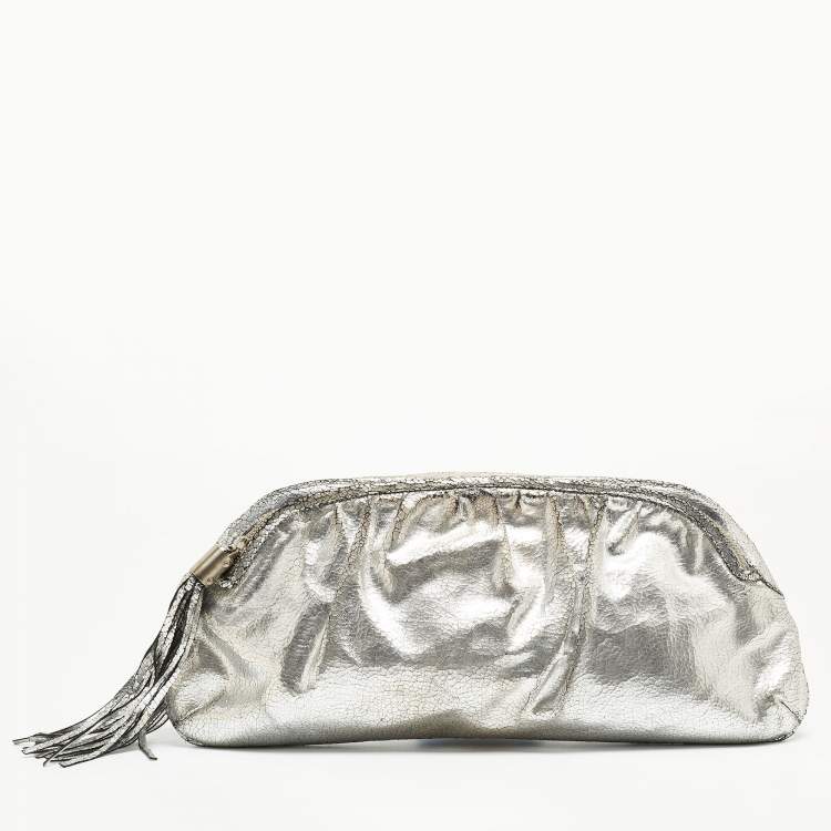 Pre Owned Jimmy Choo Silver Cracking Leather Double Zip Tassel Clutch