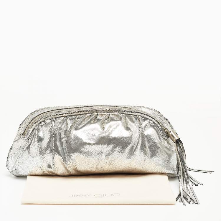 Pre Owned Jimmy Choo Silver Cracking Leather Double Zip Tassel Clutch