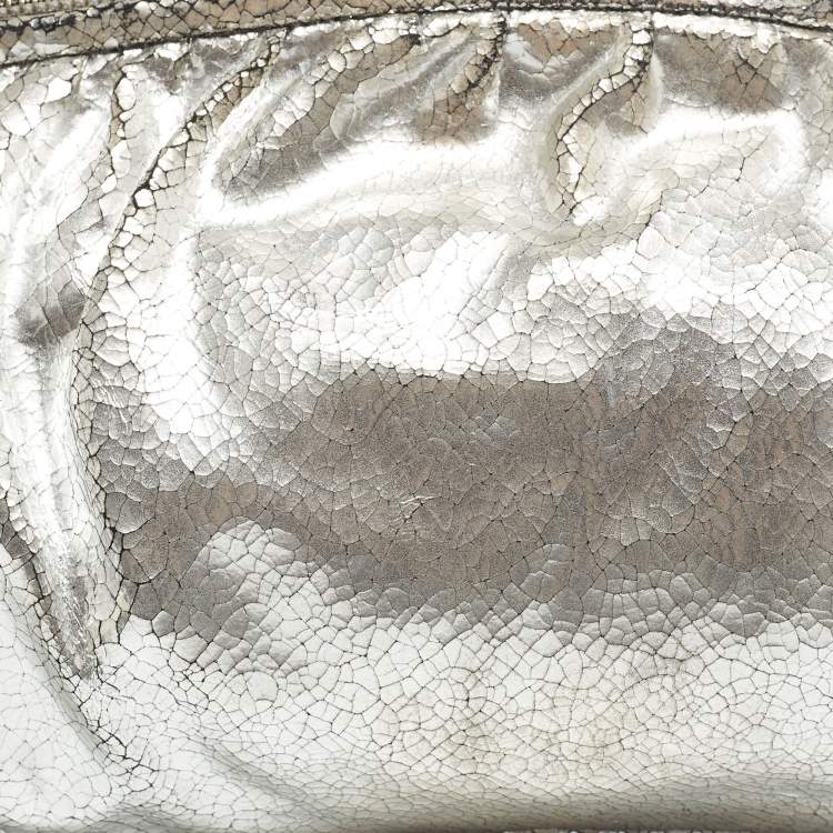 Pre Owned Jimmy Choo Silver Cracking Leather Double Zip Tassel Clutch