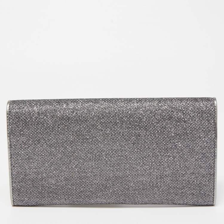 Pre Owned Jimmy Choo Silver Glitter and Leather Metal Logo Flap Clutch