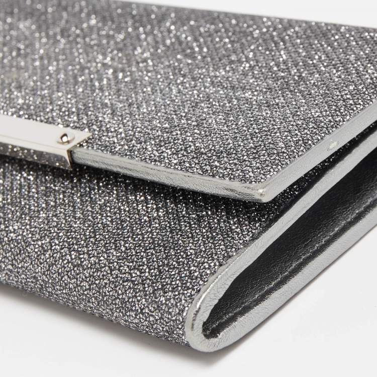 Pre Owned Jimmy Choo Silver Glitter and Leather Metal Logo Flap Clutch