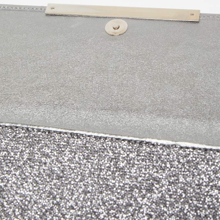Pre Owned Jimmy Choo Silver Glitter and Leather Metal Logo Flap Clutch