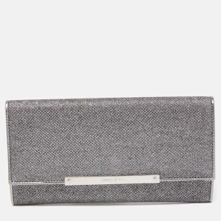 Pre Owned Jimmy Choo Silver Glitter and Leather Metal Logo Flap Clutch