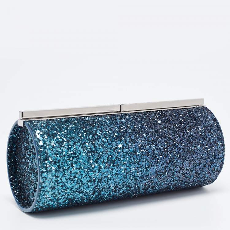 Pre Owned Jimmy Choo Blue/Green Glitter Twill Tube Clutch