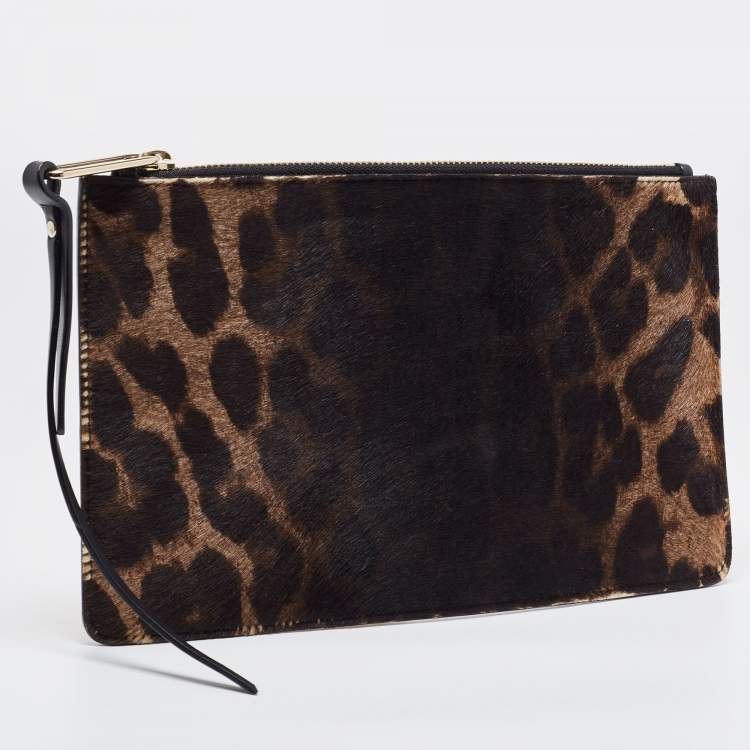 Pre Owned Jimmy Choo Orange/Black Leopard Print Calfhair Zip Slim Clutch