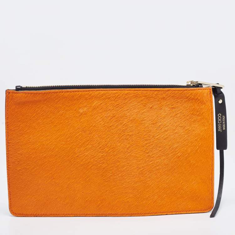 Pre Owned Jimmy Choo Orange/Black Leopard Print Calfhair Zip Slim Clutch