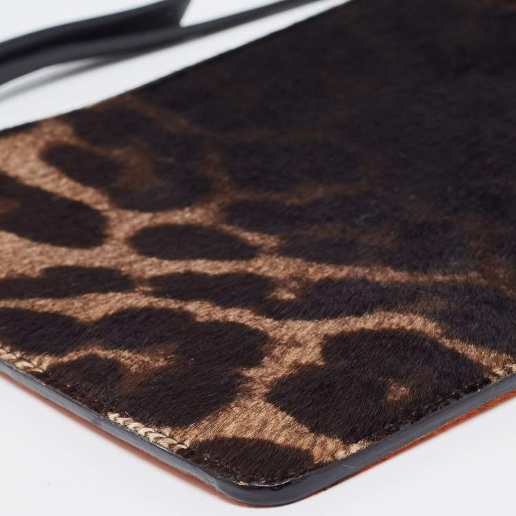 Pre Owned Jimmy Choo Orange/Black Leopard Print Calfhair Zip Slim Clutch