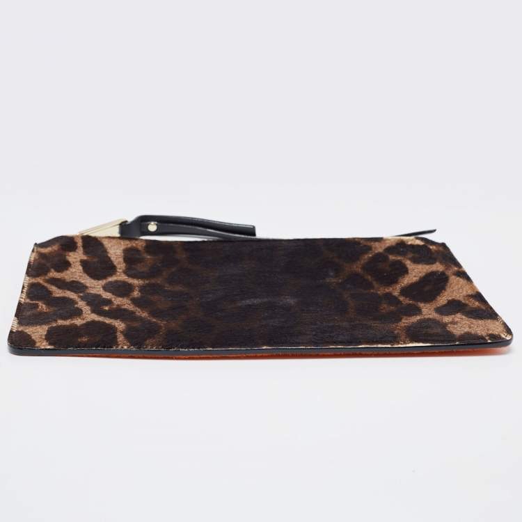 Pre Owned Jimmy Choo Orange/Black Leopard Print Calfhair Zip Slim Clutch