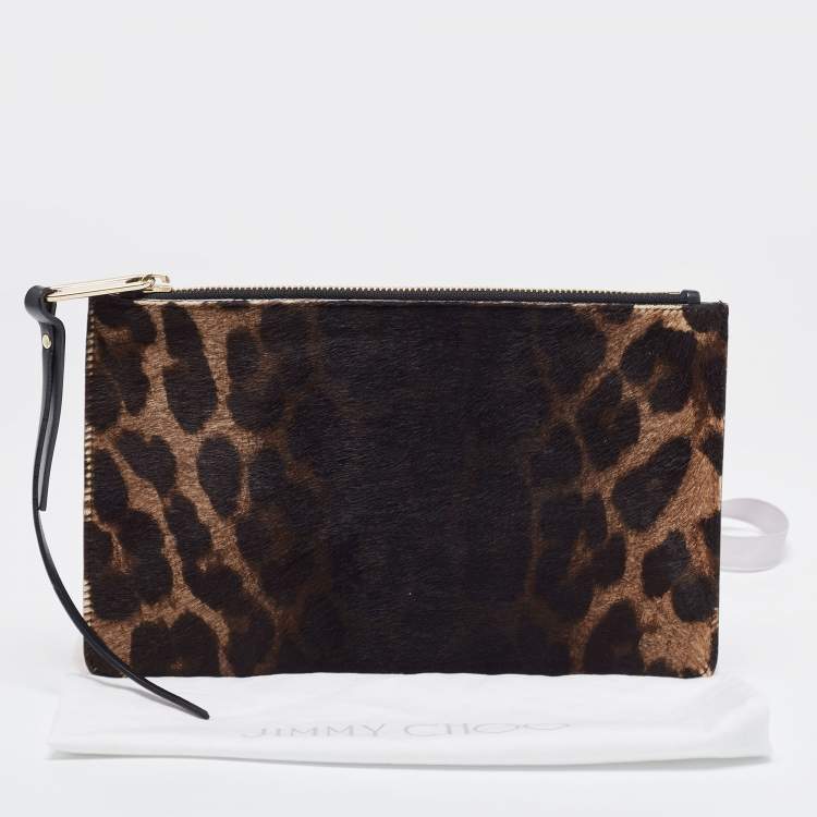 Pre Owned Jimmy Choo Orange/Black Leopard Print Calfhair Zip Slim Clutch