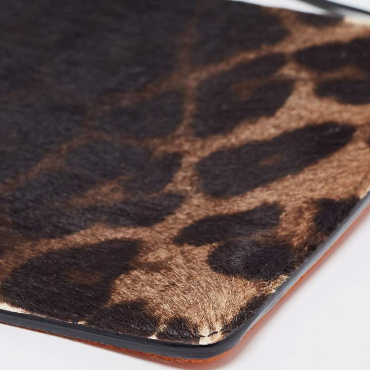Pre Owned Jimmy Choo Orange/Black Leopard Print Calfhair Zip Slim Clutch