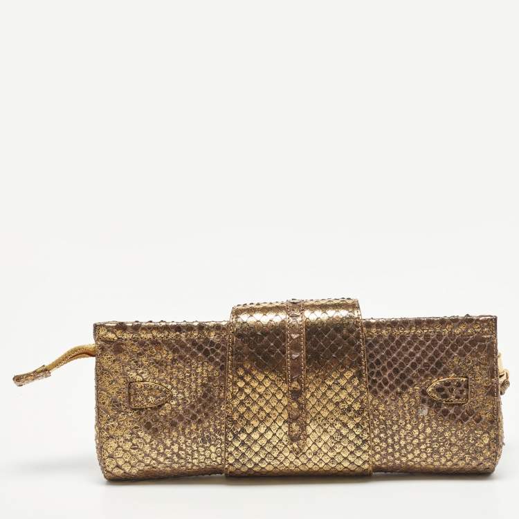 Pre Owned Jimmy Choo Go;ld Watersnake Leather Tulita Wristlet Clutch