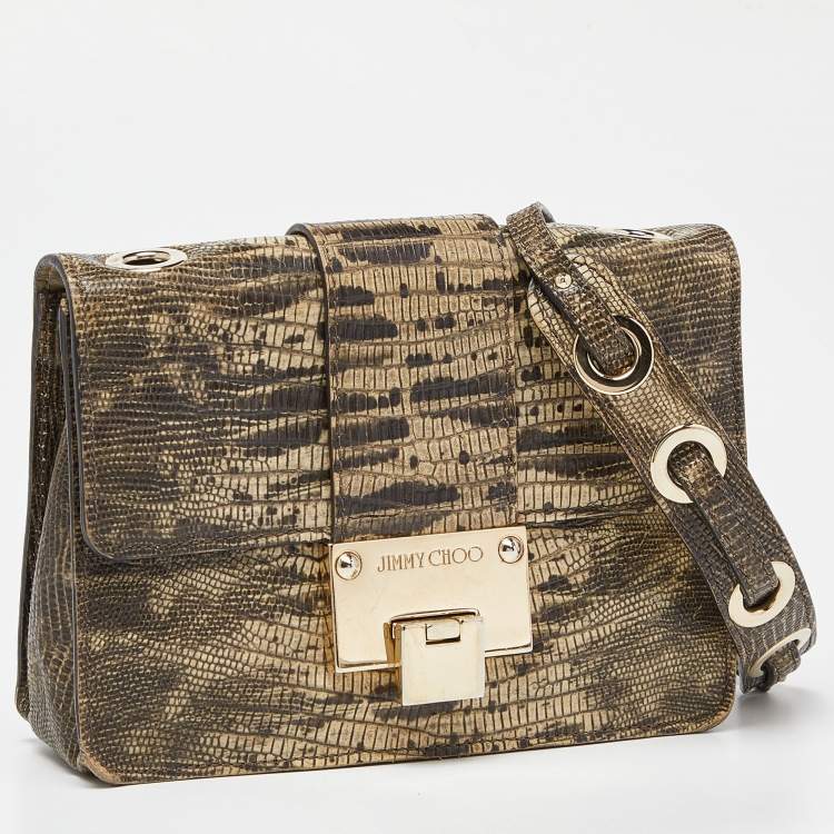 Pre Owned Jimmy Choo Black/Beige Croc Embossed Leather Rebel Crossbody Bag