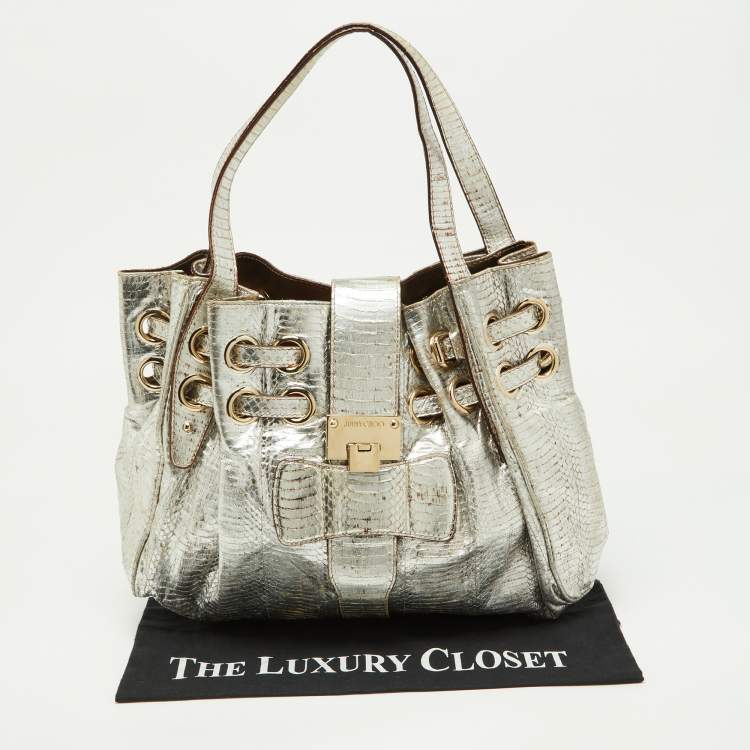 Pre Owned Jimmy Choo Silver Python Leather Riki Tote