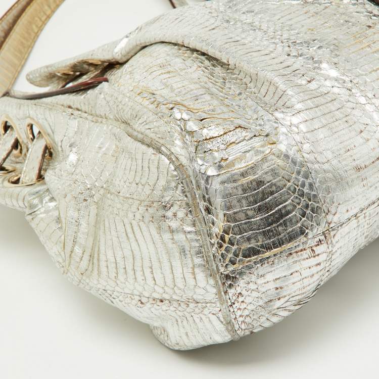 Pre Owned Jimmy Choo Silver Python Leather Riki Tote