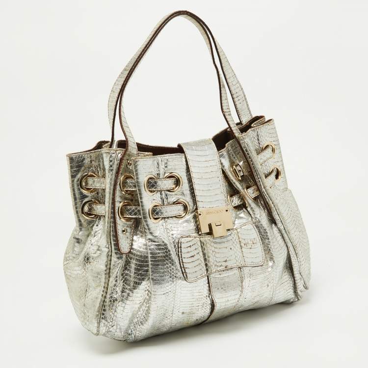 Pre Owned Jimmy Choo Silver Python Leather Riki Tote