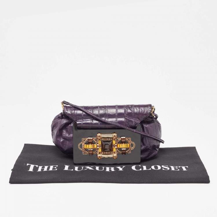 Pre Owned Jimmy Choo Purple Eel Leather Crystal Embellished Strap Clutch