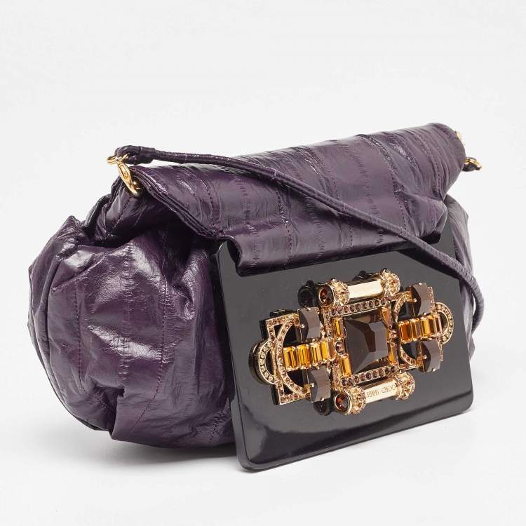 Pre Owned Jimmy Choo Purple Eel Leather Crystal Embellished Strap Clutch