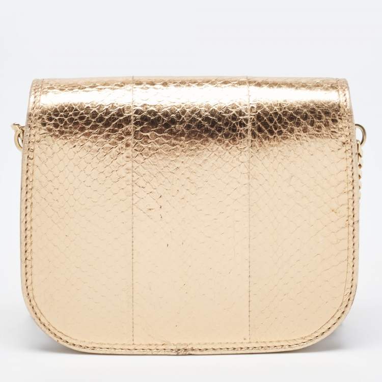Pre Owned Jimmy Choo Gold/Beige Leather and Snake Skin Trim Zadie Crossbody Bag
