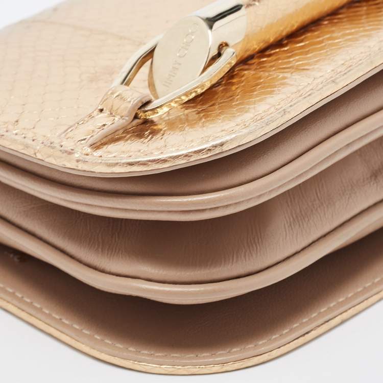 Pre Owned Jimmy Choo Gold/Beige Leather and Snake Skin Trim Zadie Crossbody Bag