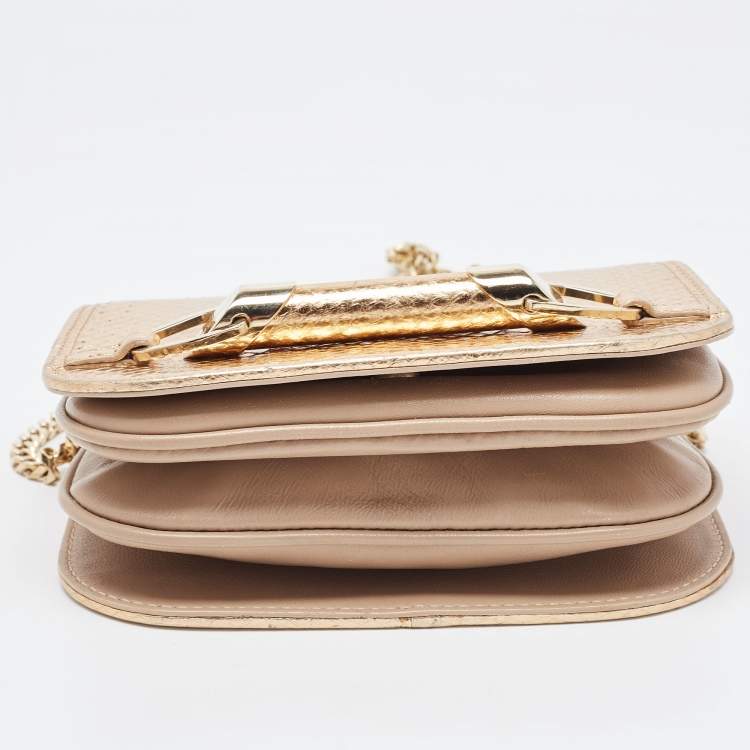 Pre Owned Jimmy Choo Gold/Beige Leather and Snake Skin Trim Zadie Crossbody Bag