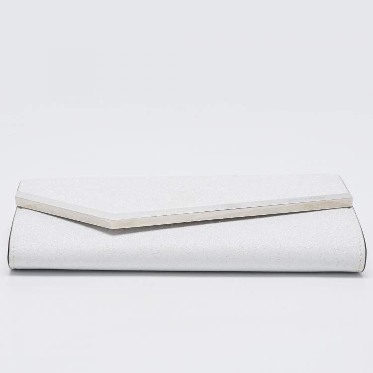 Pre Owned Jimmy Choo White Glitter Emmie Chain Clutch
