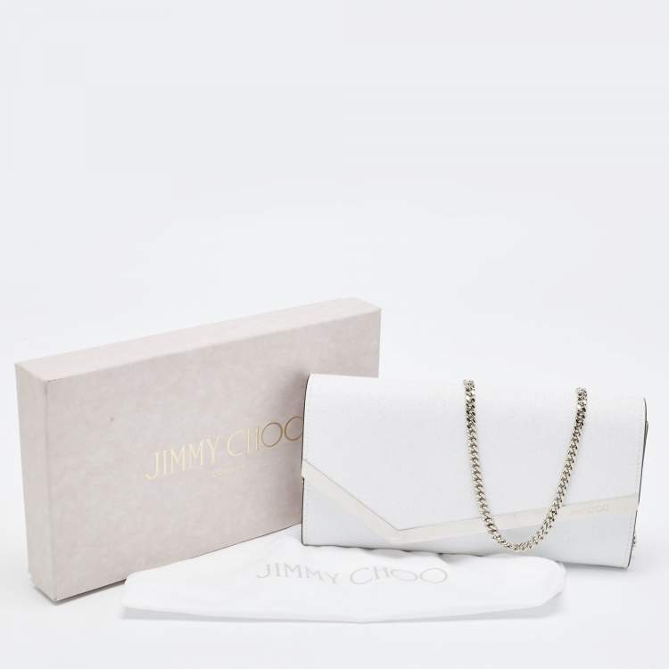 Pre Owned Jimmy Choo White Glitter Emmie Chain Clutch