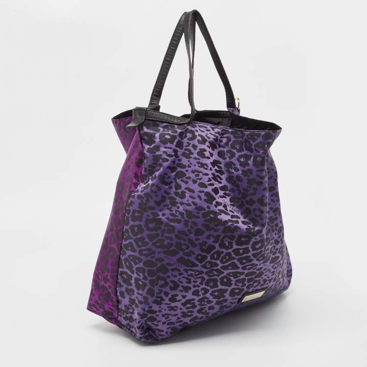 Pre Owned Jimmy Choo Purple/Black Leopard Print Fabric Zip Shopper Tote