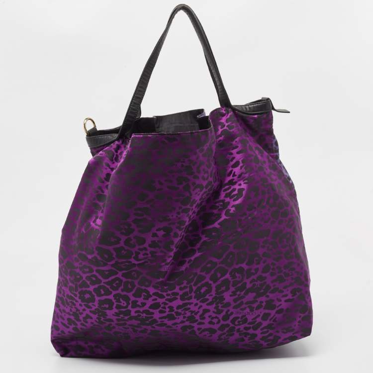 Pre Owned Jimmy Choo Purple/Black Leopard Print Fabric Zip Shopper Tote