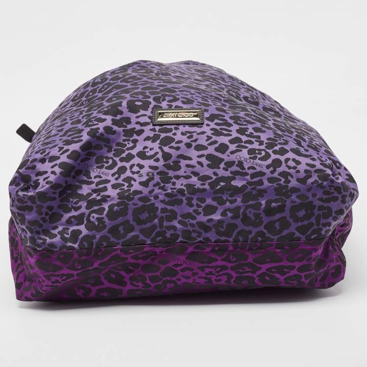 Pre Owned Jimmy Choo Purple/Black Leopard Print Fabric Zip Shopper Tote