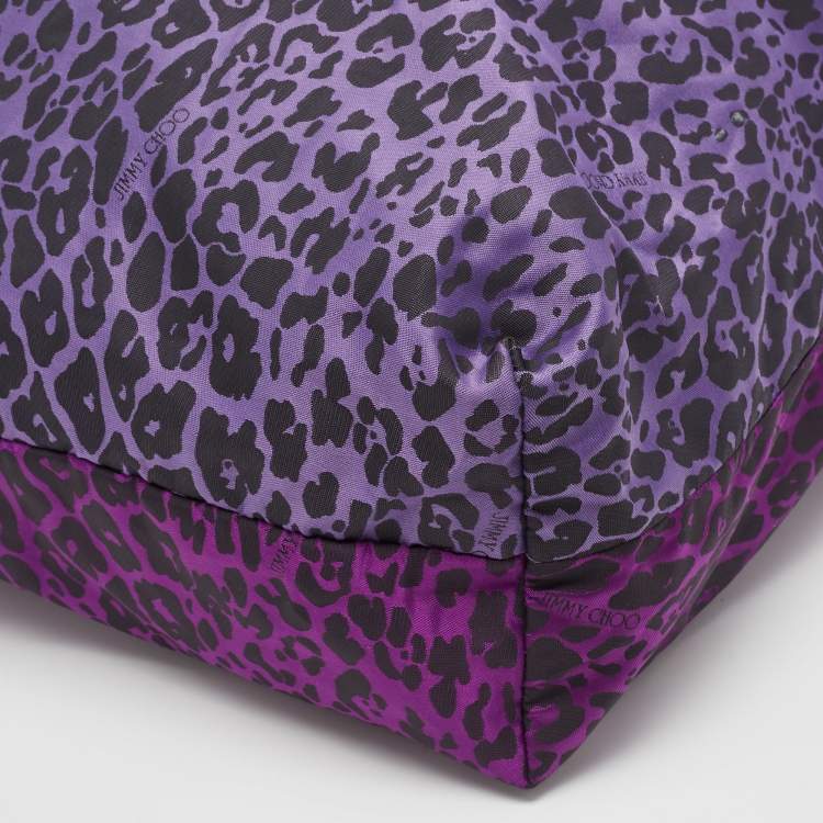 Pre Owned Jimmy Choo Purple/Black Leopard Print Fabric Zip Shopper Tote