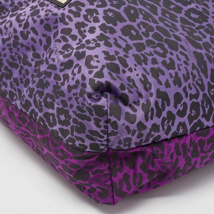 Pre Owned Jimmy Choo Purple/Black Leopard Print Fabric Zip Shopper Tote