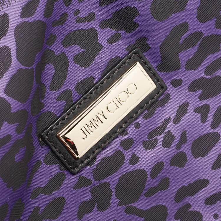 Pre Owned Jimmy Choo Purple/Black Leopard Print Fabric Zip Shopper Tote