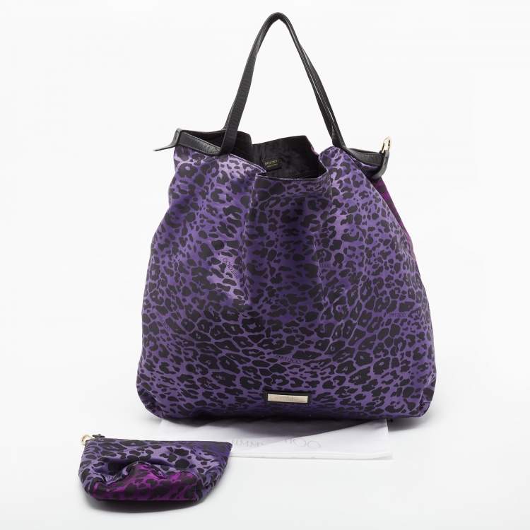 Pre Owned Jimmy Choo Purple/Black Leopard Print Fabric Zip Shopper Tote