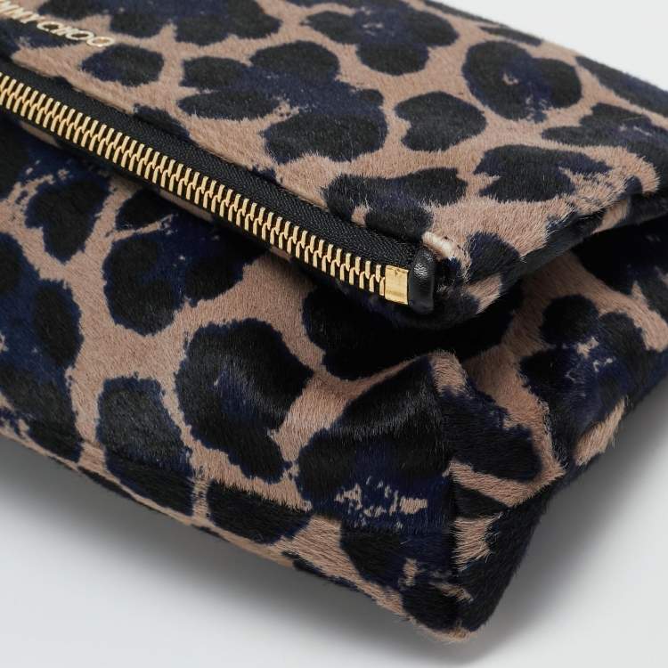 Pre Owned Jimmy Choo Black/Blue Leopard Print Calfhair Zip Fold Over Clutch