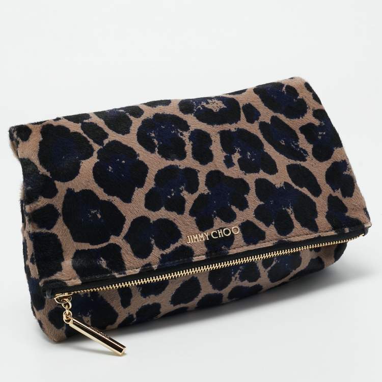 Pre Owned Jimmy Choo Black/Blue Leopard Print Calfhair Zip Fold Over Clutch