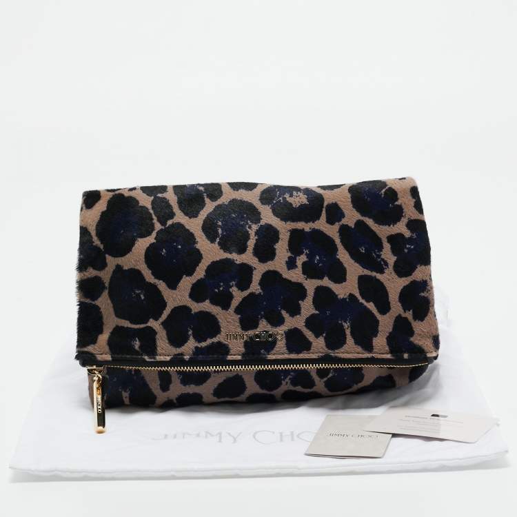 Pre Owned Jimmy Choo Black/Blue Leopard Print Calfhair Zip Fold Over Clutch