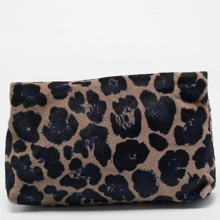 Pre Owned Jimmy Choo Black/Blue Leopard Print Calfhair Zip Fold Over Clutch