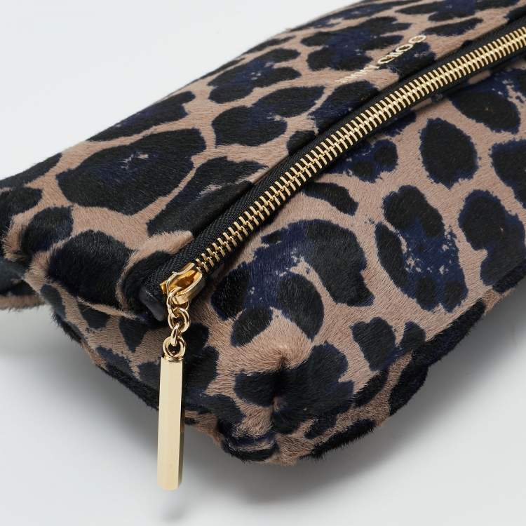 Pre Owned Jimmy Choo Black/Blue Leopard Print Calfhair Zip Fold Over Clutch