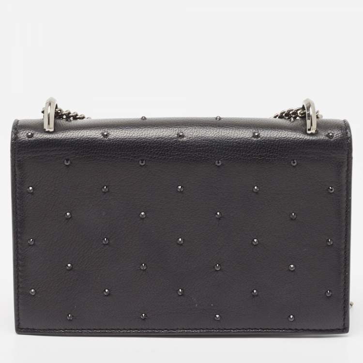 Pre Owned Jimmy Choo Black Leather Crystal Embellished Wallet On Chain