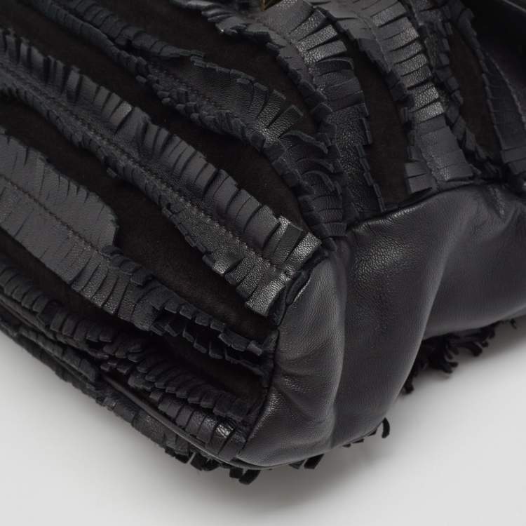 Pre Owned Jimmy Choo Black Python Leather and Suede Carolina Fringe Shoulder Bag