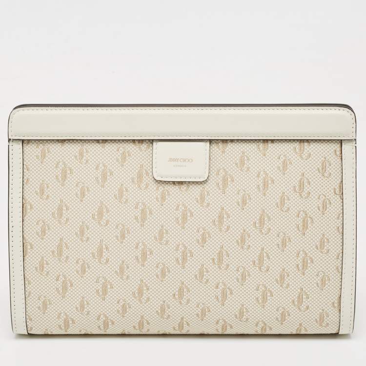 مملوكة مسبقًا Jimmy Choo Beige Jacquard Canvas and Leather Varenne Clutch