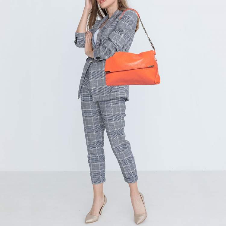 Pre Owned Jimmy Choo Neon Orange Leather Flap Shoulder Bag