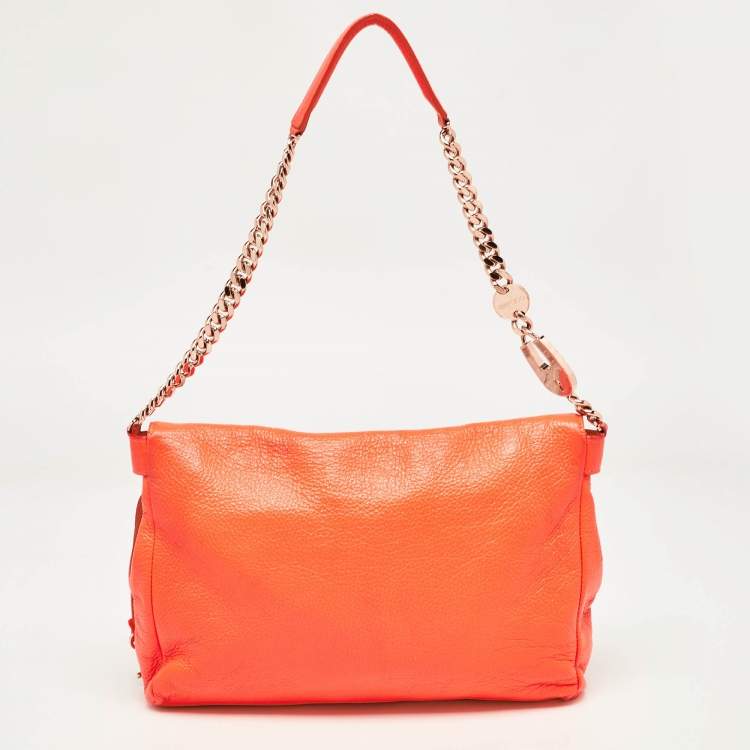 Pre Owned Jimmy Choo Neon Orange Leather Flap Shoulder Bag