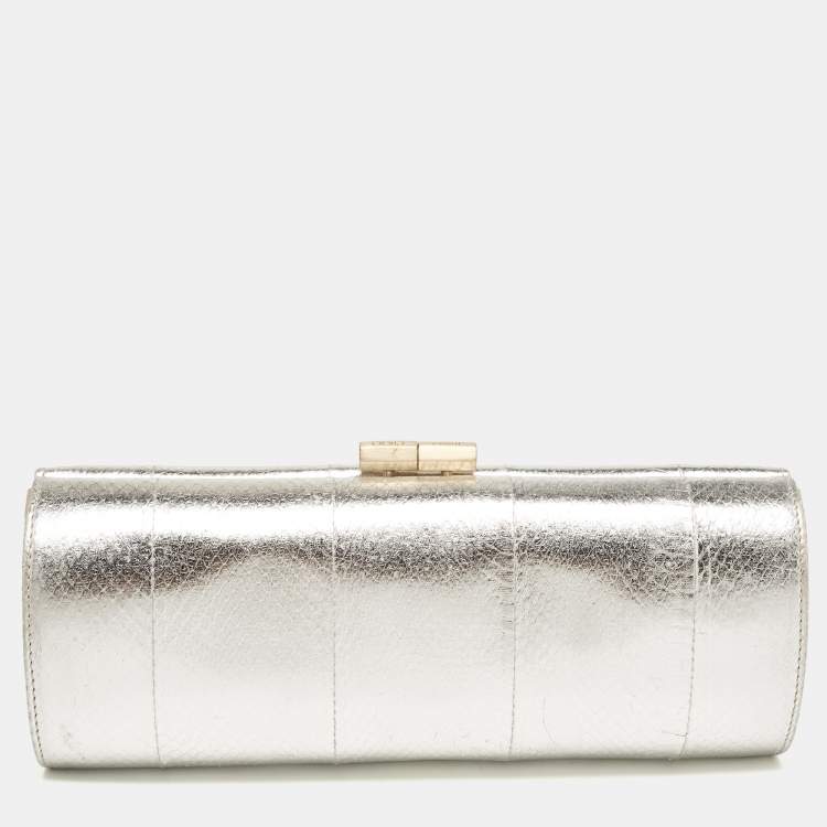 Pre Owned Jimmy Choo Silver Watersnake Leather Twill Tube Clutch
