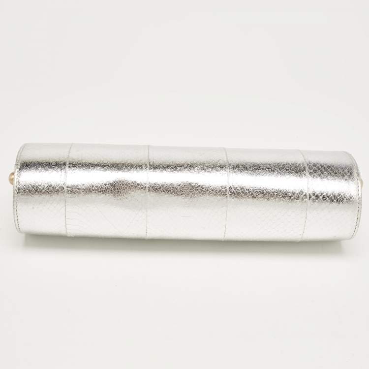 Pre Owned Jimmy Choo Silver Watersnake Leather Twill Tube Clutch