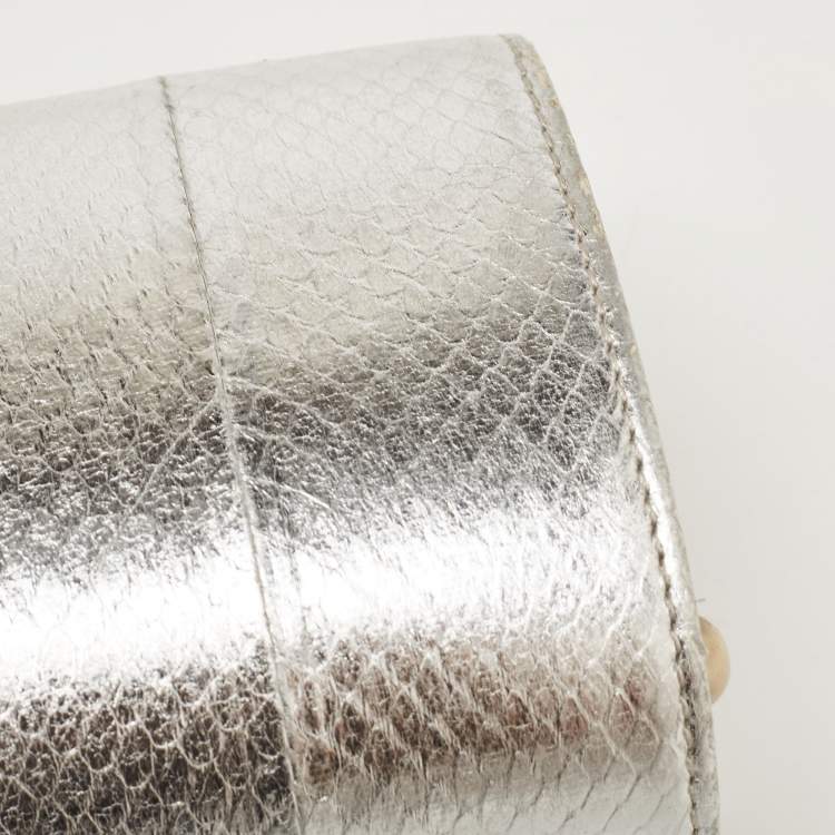 Pre Owned Jimmy Choo Silver Watersnake Leather Twill Tube Clutch