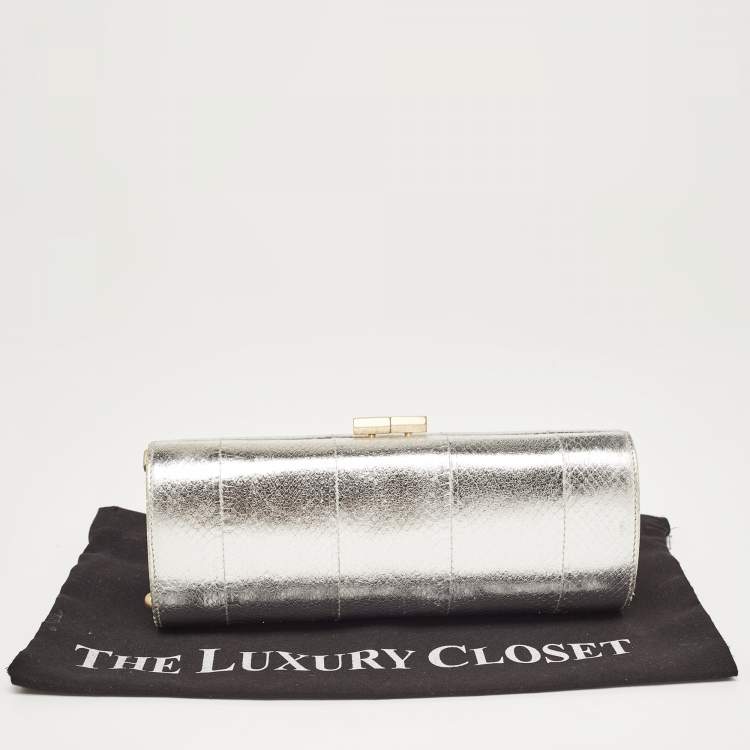 Pre Owned Jimmy Choo Silver Watersnake Leather Twill Tube Clutch