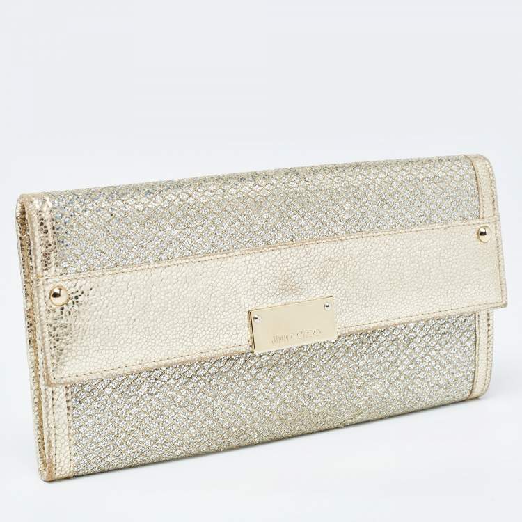 Pre Owned Jimmy Choo Gold Glitter and Leather Reese Continental Clutch