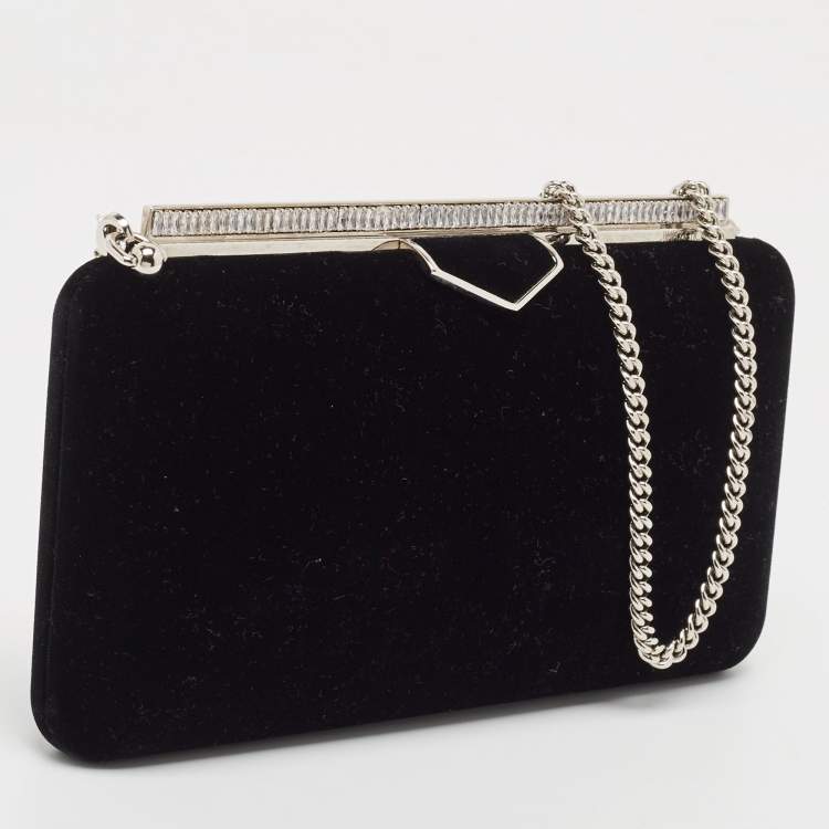 Pre Owned Jimmy Choo Black Velvet Ellipse Crystals Chain Clutch