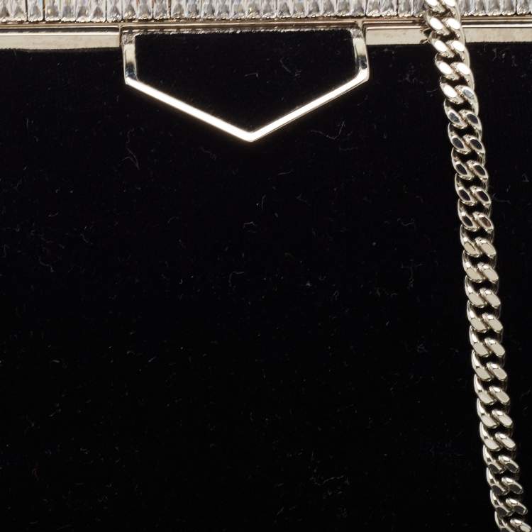 Pre Owned Jimmy Choo Black Velvet Ellipse Crystals Chain Clutch